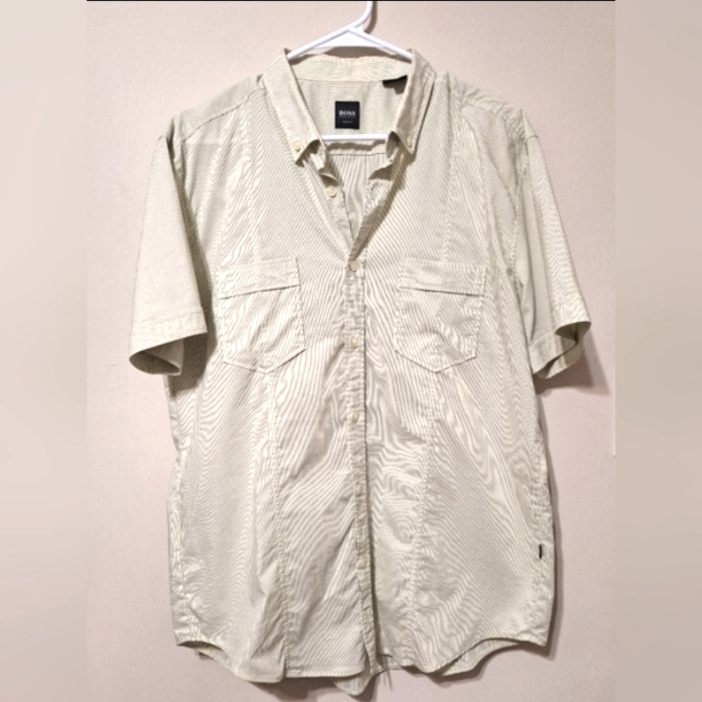 Boss XL Men's shortsleeve slimfit silk cotton blend dress shirt green pinstripe